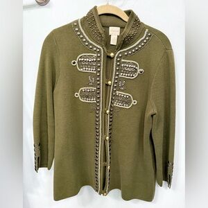 Chico's Olive Green Embellished Sweater Jacket